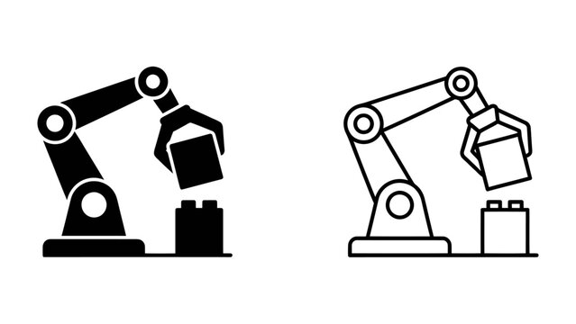 Robotic Arm Assembly: Two stylized icons of a robotic arm precisely placing a block onto another, symbolizing automation and industrial precision.