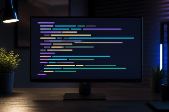 Mockup of coding interface on computer screen in dark office