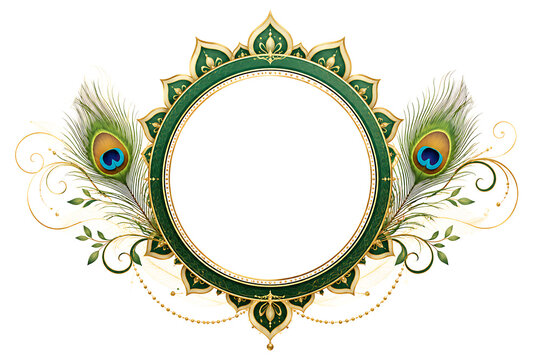 Elegant Green And Gold Round Mandala Frame Ornamented With Detailed Peacock Feathers Leaves Beads Decorative Swirls Isolated On Clean White Background