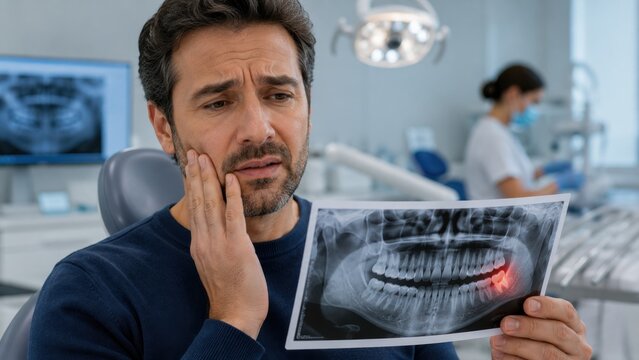 Worried man holding panoramic xray of impacted wisdom tooth while suffering pain in dental clinic.
