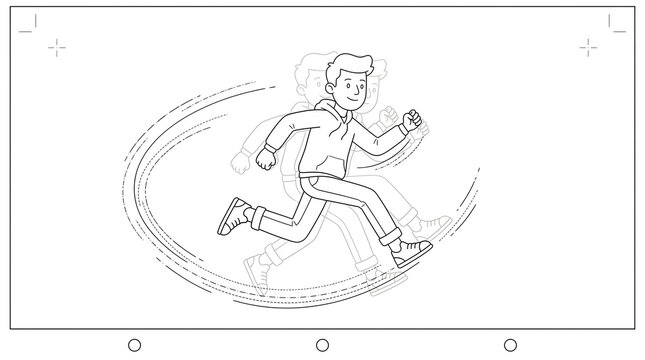 A sketch of an animation of a running character with hand-drawn motion lines, a sequence of line drawings. AI generated.