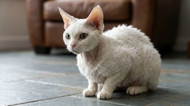 White Devon Rex cat with curly fur sitting on a tiled floor indoors.