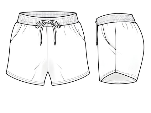 Athleisure sweat shorts with technical CAD fashion sketch showing elastic waist, drawstring detail, and side slant pocket construction