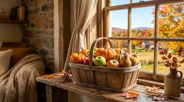 Autumn harvest vegetables in rustic wooden basket on sunny window sill.