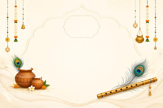 Festive Janmashtami Banner Template With Clay Butter Pots Bamboo Flute Peacock Feather Hanging Garlands Flower Details Blank Center Arch Frame Copy Space