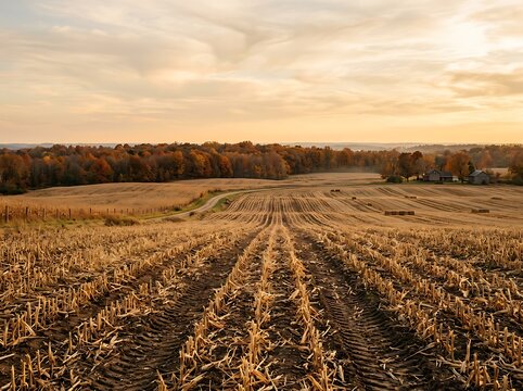 Golden sunset over harvested corn field landscape during autumn season.