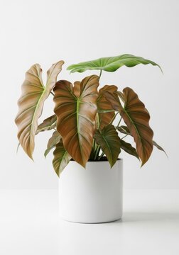 Philodendron selloum plant with large bronze and green leaves in a white ceramic pot on a white background.