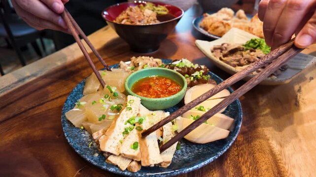 Dipping Braised Pork Belly and Tofu into Chili Sauce with Chopsticks