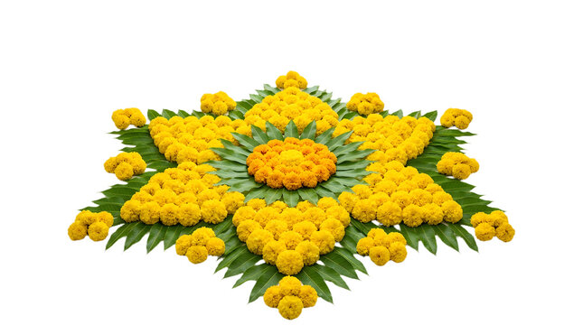 Star shaped floral rangoli design made of yellow marigold flowers and green leaves for onam festival isolated on transparent background