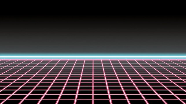 Retro synthwave neon grid background, 80s style digital landscape with pink laser lines, futuristic cyber space horizon