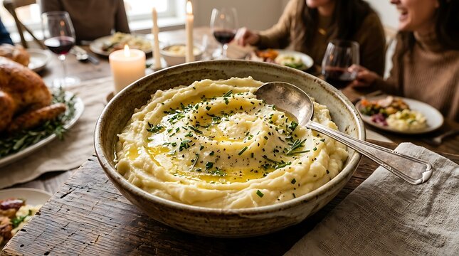 Bowl of creamy mashed potatoes with herbs for traditional holiday feasts.
