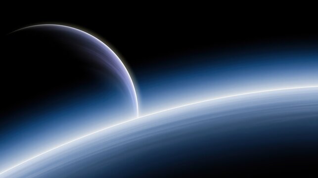 Cinematic space planet horizon, glowing blue atmospheric light over dark orbit, futuristic cosmic background for sci-fi concepts