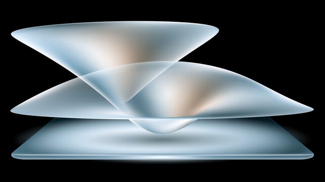 Futuristic glass abstract sculpture, translucent curved crystal layers, elegant 3D geometric shapes on black background