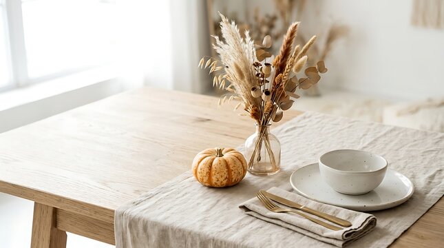 Rustic dinner table setting with dried flowers pumpkin and linen tableware.