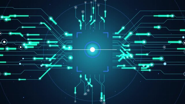 Digital atom icon with glowing lines and circuit patterns