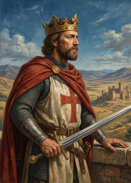 Bearded Crusader King in Crown and Red Cloak Holding Sword, Historical Fine Art Portrait