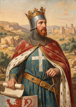 Medieval King and Commander in Crown and Chainmail Coif with Royal Tunic, Classical Oil Painting