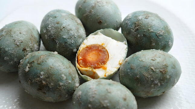 Heap of salted duck eggs or Indonesian telur asin showing yolk and white on white background