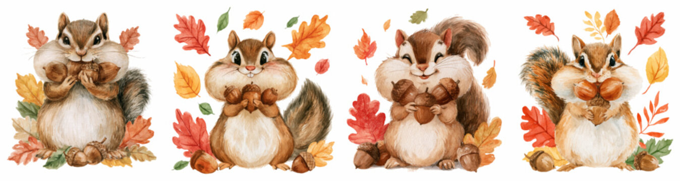 Cute watercolor squirrels collecting acorns and nuts for winter, surrounded by falling autumn leaves, illustrating seasonal harvest and preparing for cold weather