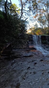Tourist Standing Near Wentworth Falls in Blue Mountains National Park