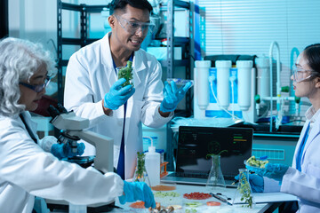Fototapeta premium Microbiologists and nutrition experts analyze molecular samples in advanced food science labs.