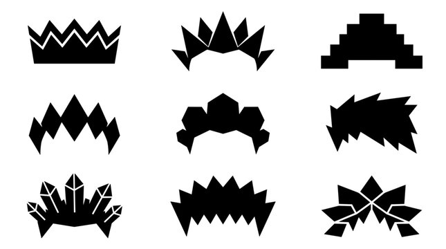 Crazy hair and sharp crown silhouette vector icons set