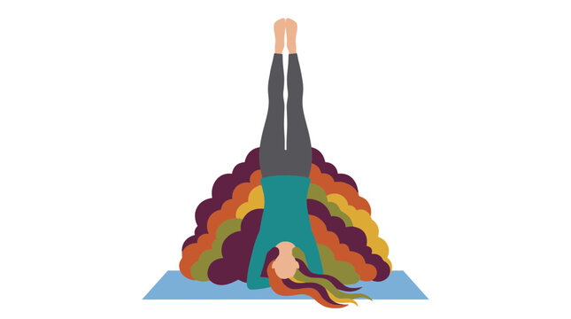 Crazy hair woman practicing yoga headstand pose