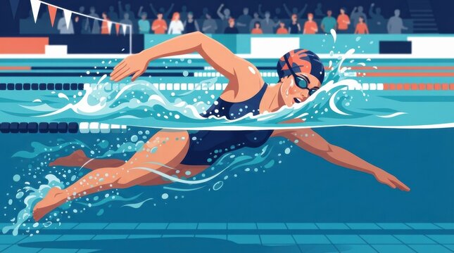 An athlete with a prosthetic swims freestyle in a competition pool surrounded by spectators cheering for inclusive sports.
