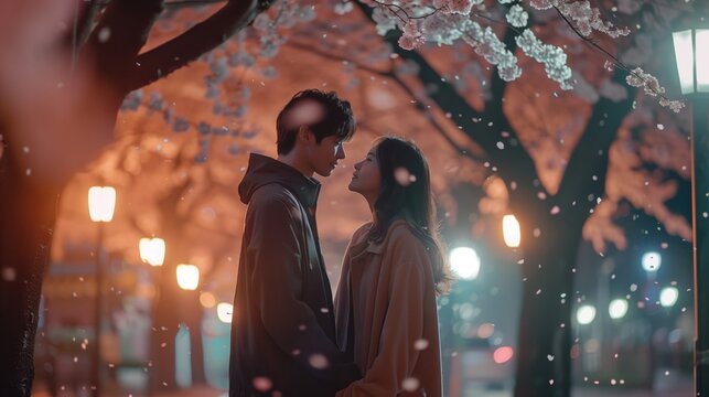 Cinematic medium shot of a romantic Korean drama scene. A young couple standing under a canopy of blooming cherry blossoms at night