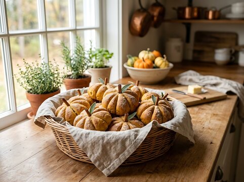 Pumpkin shaped dinner rolls with cinnamon sticks in rustic wicker basket.