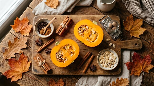 Raw pumpkin halves with spices and seeds on rustic kitchen work table.