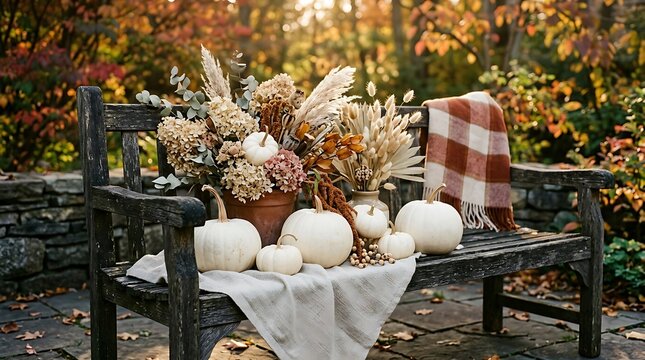 Outdoor autumn bench display with pumpkins and dried flowers.
