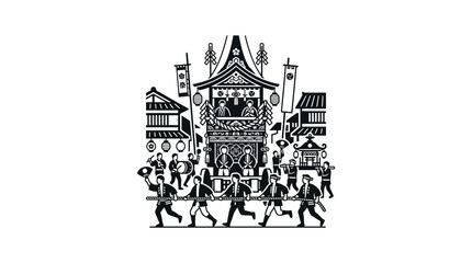 Fototapeta premium Black and white illustration of a festival procession.