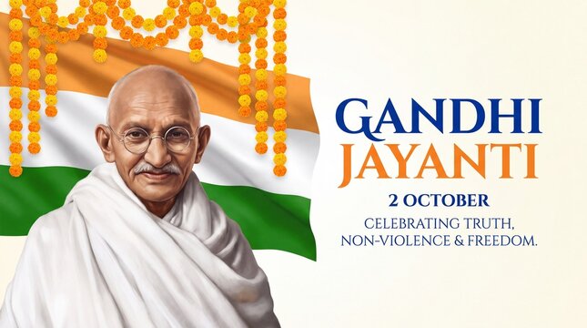 Gandhi jayanti celebration banner with portrait of mahatma gandhi, indian flag background, and marigold flower garlands, honoring truth, nonviolence, and freedom 