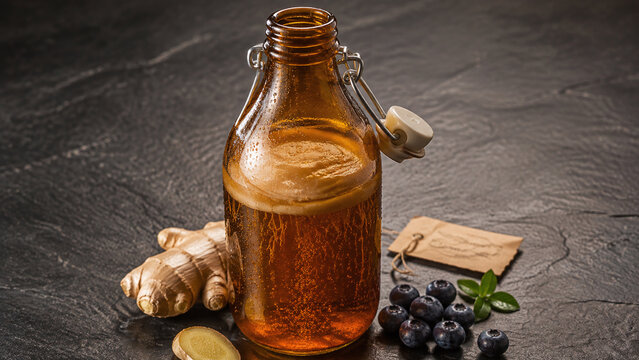 Premium kombucha amber glass swing-top bottle with SCOBY culture visible through glass fine effervescence condensation ginger blueberry on dark slate wellness fermented drink hero