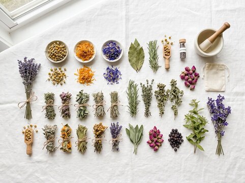 Grid of dried herbs, flower bundles, and mortar on white background