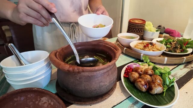 Serving Traditional Thai Hot Soup from Clay Pot in Bangkok