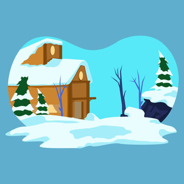 A cozy brown wooden cabin surrounded by snow covered pine trees, bare branches, and rocky cliffs in a winter landscape.
