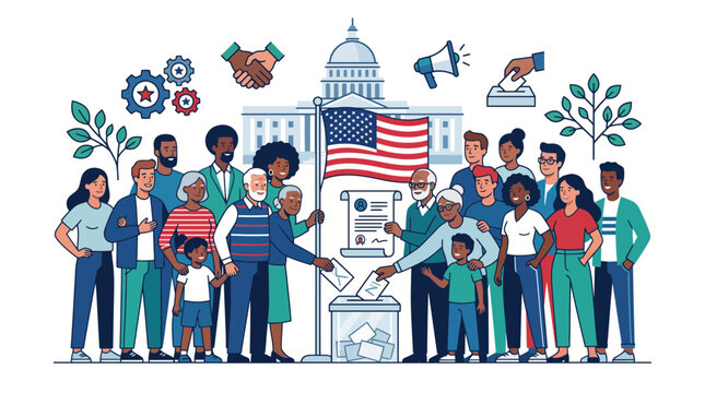 Diverse group of American citizens casting their ballots in an election with USA flag and government building