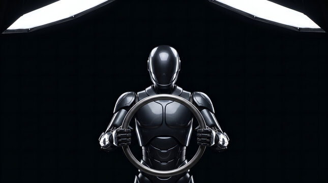 Dark humanoid robot hands gripping futuristic minimalist steering ring with rim lighting on black background representing autonomous mobility and autopilot driving concept