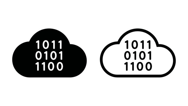 Binary Cloud Computing Concept: Two cloud symbols, one solid black and the other outlined in white, each display binary code, representing the concept of cloud computing and digital data storage.
