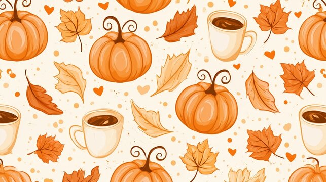 flat art pattern of pumpkins, fall leaves, and hot coffee cups, cream background 