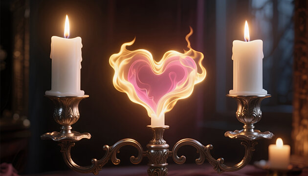 Heart shape made of flames between two lit candles  