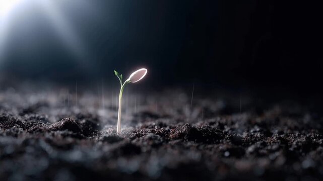 A tiny seedling emerges from dark soil, bathed in a single beam of sunlight, symbolizing new life and the promise of growth. ..Created with Generative AI, not depicting real subjects.