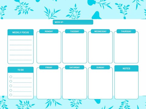 Weekly planner template with daily boxes to do list and leaf pattern background