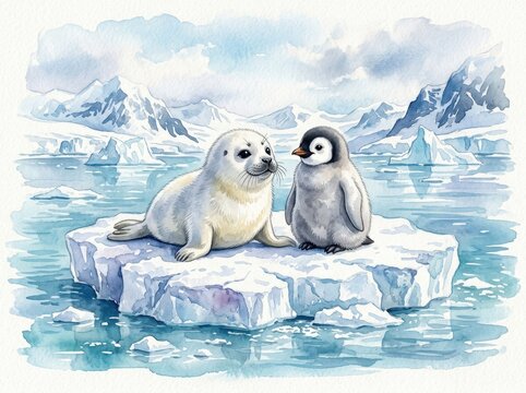 A cute baby seal and a fluffy penguin sit together on a melting ice floe in a chilly polar landscape.