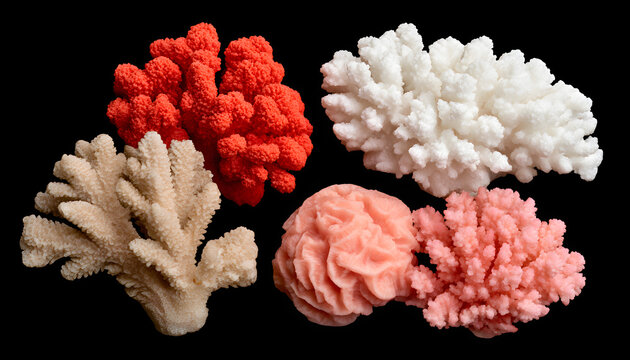 Collection of four natural ocean coral reef specimens, including red, white, beige, and pink coral, isolated on a transparent background.