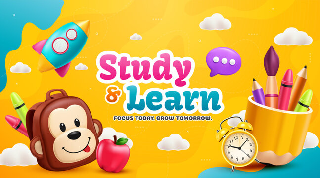 Fun Learning Education Banner with Cute School Elements 3D Cartoon Illustration