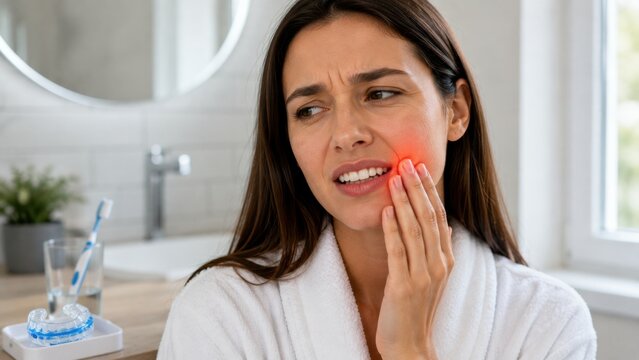 Young woman wearing white bathrobe touches inflamed red cheek while suffering from painful toothache.