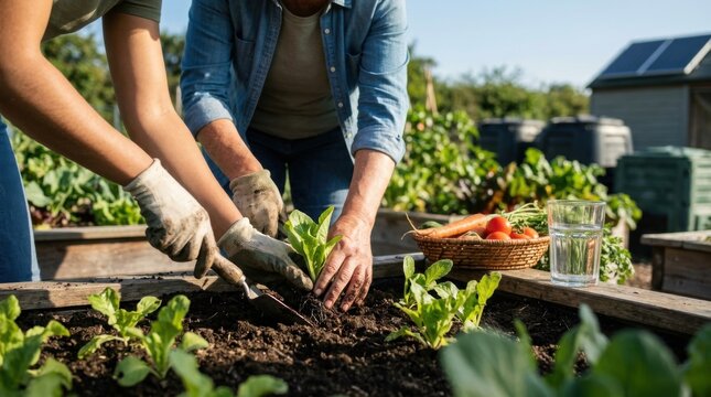 People Gardening in a Backyard Growing Fresh Vegetables on a Sunny Day